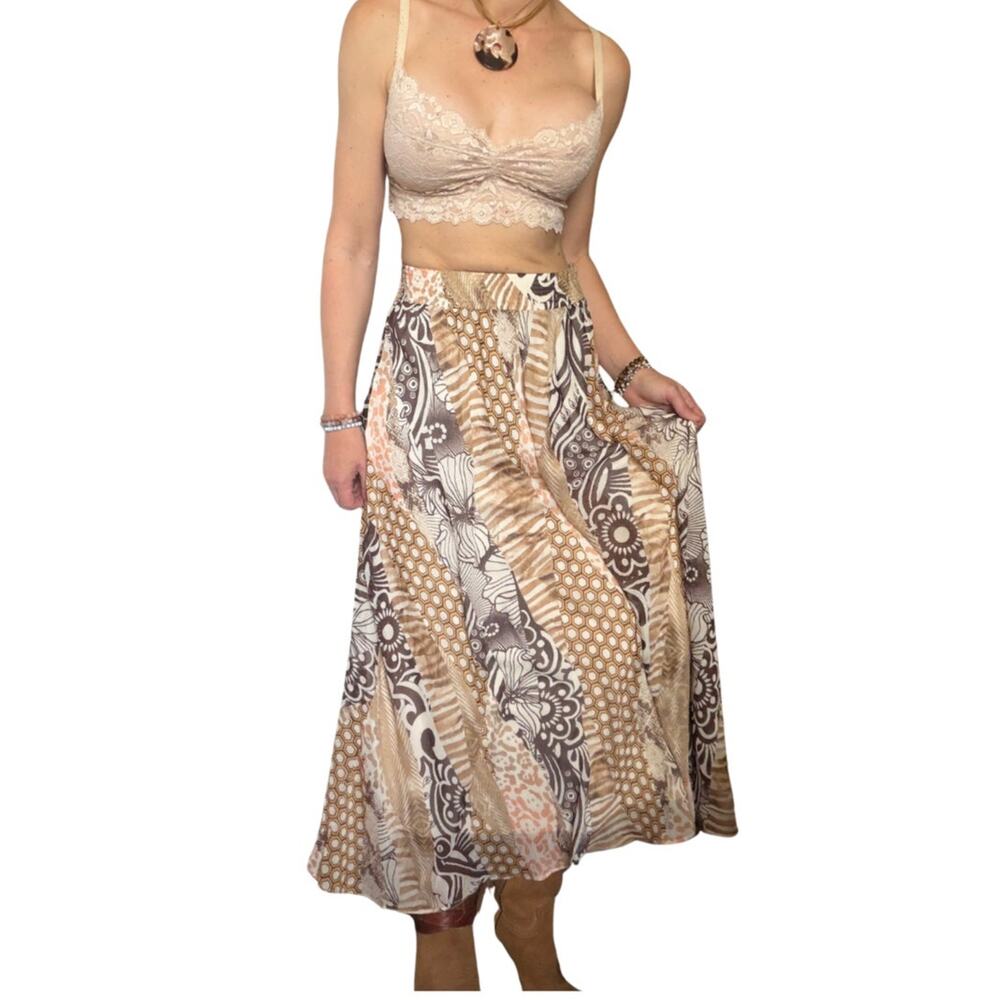 Vintage Chico’s Boho Patchwork Midi Skirt 🤎 earthy flowy festival skirt